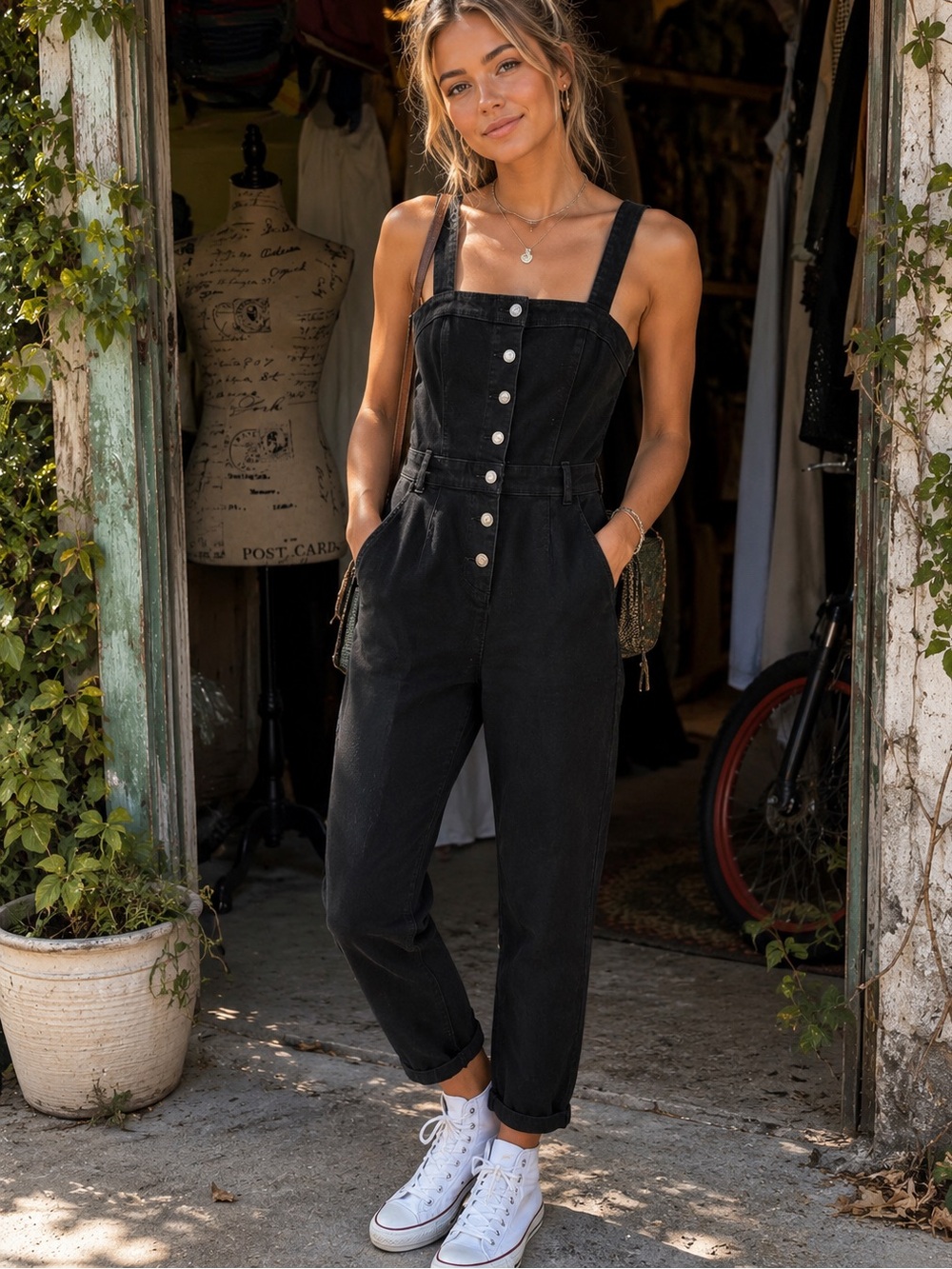 Hollister Black Button-Front Denim Overalls